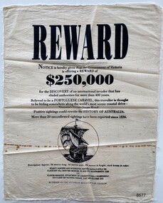 Reward Poster printed on calico for a Portuguese Caravel