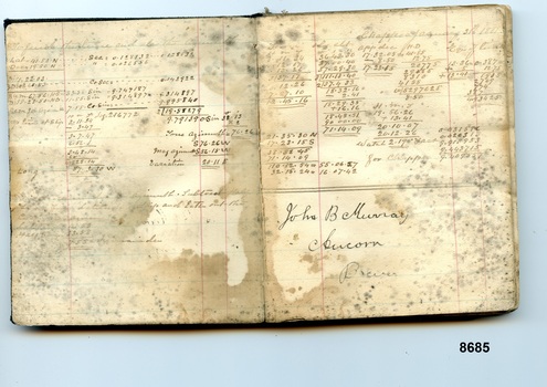 Two white pages in pocketbook showing navigational calculations and owner's name written in black ink 