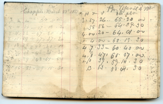 Two pages in pocketbook showing navigational readings 