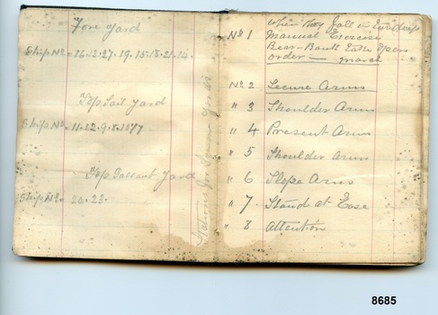 Two pages in pocketbook showing navigational calculations and a series of "presenting arms" parade drill instructions
