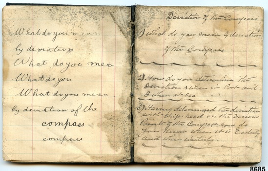 Two pages in pocketbook with handwritten questions titled "Deviations of the Compass" in black ink