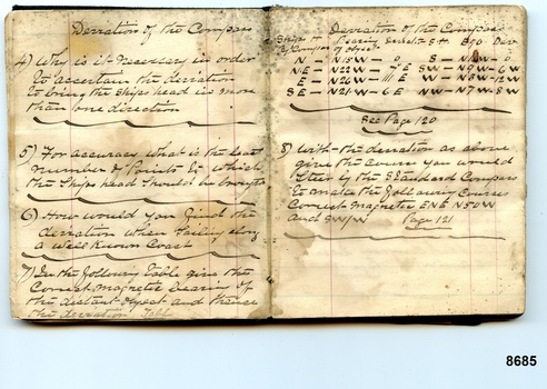 Two pages in pocketbook with questions handwritten in black ink titled "Deviation of the Compass"