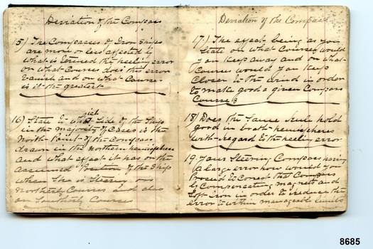 Two pages in pocketbook with questions handwritten in black ink titled "Deviation of the Compass"