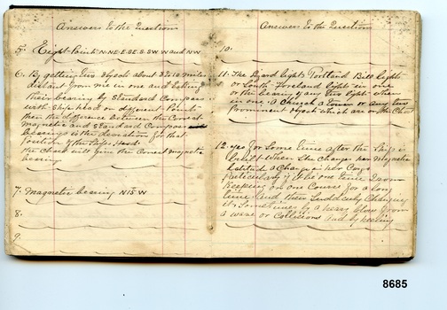 Two pages in pocketbook with answers to questions handwritten in black ink titled "Deviation of the Compass"