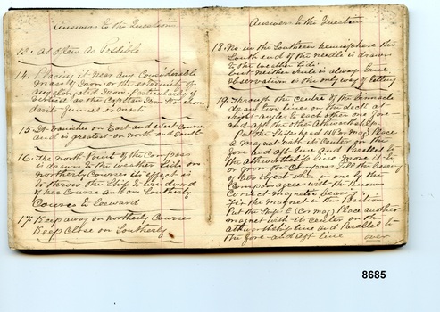 Two pages in pocketbook with answers to questions handwritten in black ink titled "Deviation of the Compass"