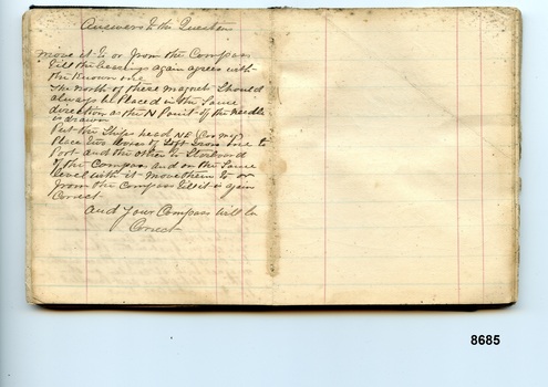Two pages in pocketbook with the final answer to the last question handwritten in black ink titled "Deviation of the Compass"