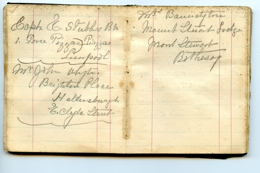 Two pages in pocketbook showing three addresses handwritten in pencil