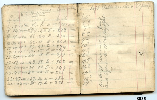 Two pages in pocketbook with pencilled navigational entries for S.S. Assam - April 5th