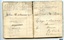 Two pages in pocketbook showing a mix of navigational readings, simple log entry and personal name and address