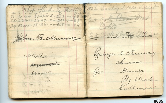 Two pages in pocketbook showing a mix of navigational readings, simple log entry and personal name and address
