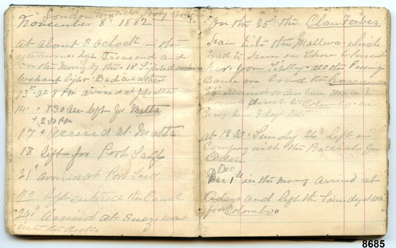 Two pages in pocketbook with pencilled ships log for November 8th 1882 - London to Hong Kong