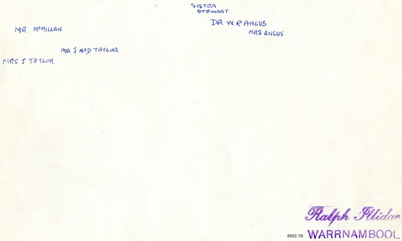 Back of photograph - with names of people in handwriting as per seating arrangement. Photo by Ralph Illidge, Warrnambool.