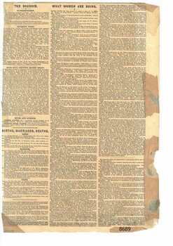 Back of newspaper page with columns titled The Boudoir, Births, Marriages, Deaths and What Women are Doing