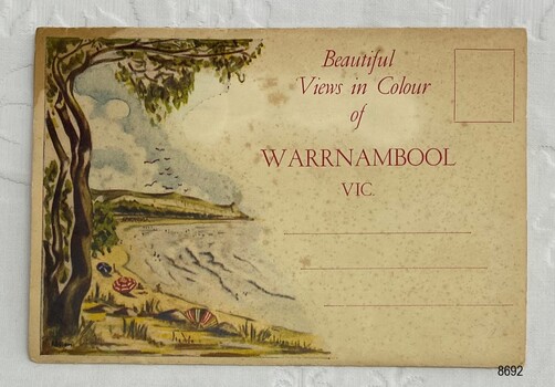 Front view of the postcard folder titled 'Beautiful Views in Colour of Warrnambool Vic. 