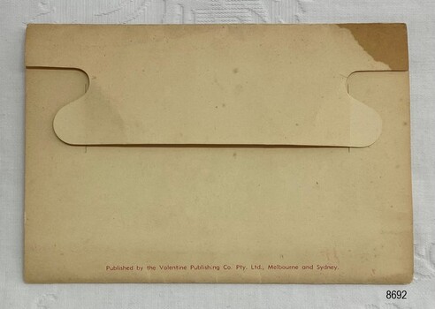 The back of the postcard folder with the words 'Published by the Valentine Publishing Co. Pty Ltd., Melbourne and Sydney.'