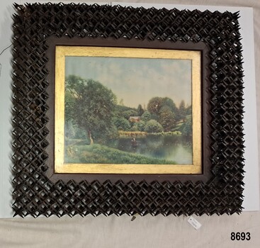 Oil painting of a stream with trees and grassy bank in a wooden, handmade "Crown of Thorns" frame