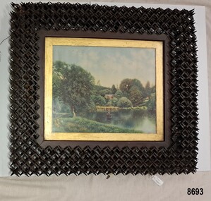 Oil painting of a stream with trees and grassy bank in a wooden, handmade "Crown of Thorns" frame