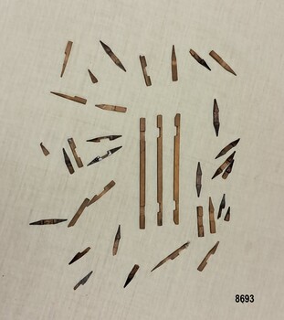 Loose pieces from the "Crown of Thorns" frame showing the different peg designs and three loose struts