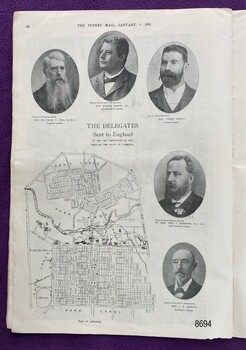 Portraits of the delegates who went to England to see the Bill through the House of Commons and a map of Adelaide at the time.
