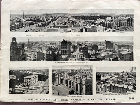 A double page spread showing aspects of Melbourne in the Commonwealth year 1901.