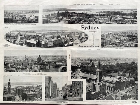 A double page spread showing aspects of Sydney in the Commonwealth year 1901.