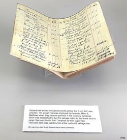 Open cash book with entries in black wink pen