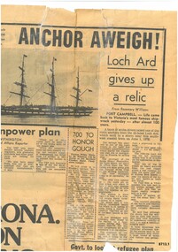 Newspaper article with photo of Loch Ard, two big print headings and two colomns of text.