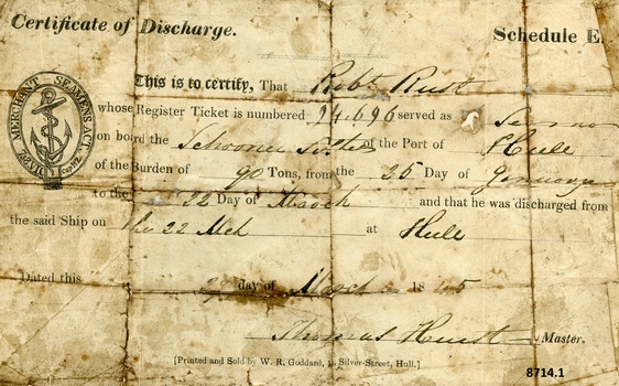 Certificate of Discharge with name of seaman, ship, date and other particulars filled in by hand with ink