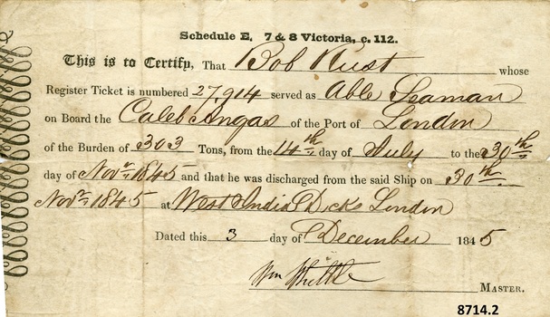 Certificate of Discharge with name of seaman, ship, date and other particulars filled in by hand with ink
