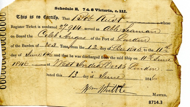 Certificate of Discharge with name of seaman, ship, date and other particulars filled in by hand with ink