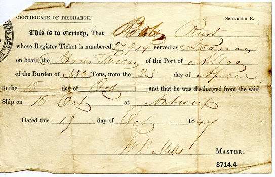 Certificate of Discharge with name of seaman, ship, date and other particulars filled in by hand with ink