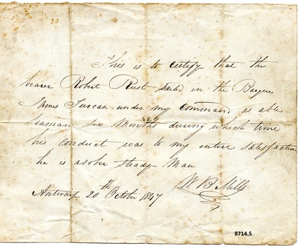 Handwritten note in black ink by Mr B. Mills describing the conduct of Able Seaman Robert Rust.