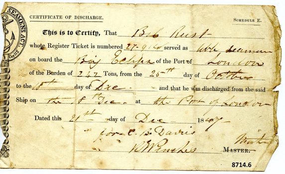 Certificate of Discharge with name of seaman, ship, date and other particulars filled in by hand with ink