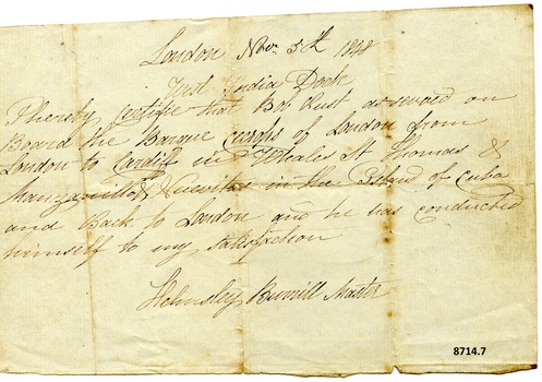 Handwritten note in black ink, dated London Nov. 5th, 1848, describing the conduct of Bob Rust.