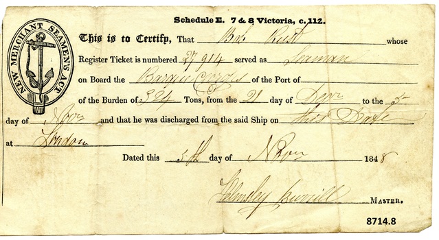 Certificate of Discharge with name of seaman, ship, date and other particulars filled in by hand with ink