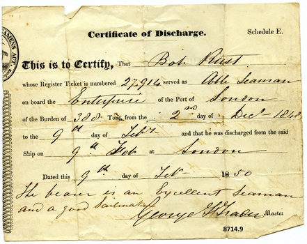 Certificate of Discharge with name of seaman, ship, date and other particulars filled in by hand with ink