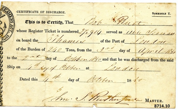 Certificate of Discharge with name of seaman, ship, date and other particulars filled in by hand with ink