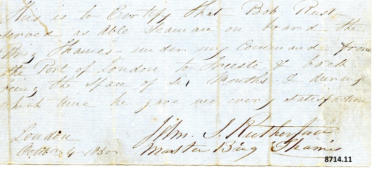 Handwritten note in sepia ink, dated October 4th, 1850, describing the conduct of Able Seaman Bob Rust.