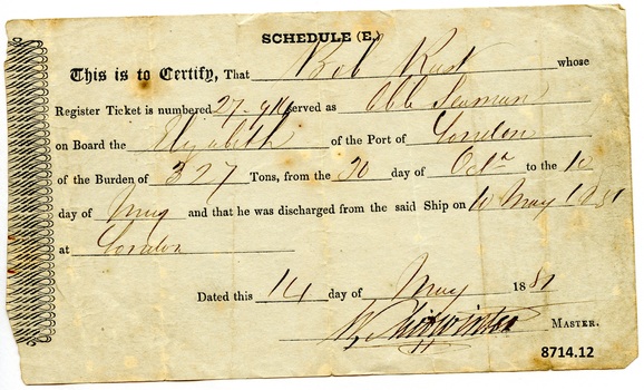 Certificate of Discharge with name of seaman, ship, date and other particulars filled in by hand with ink