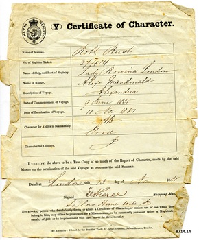 Certificate of Character with name of seaman (Robert Rust), ship, date and other particulars filled in by hand with ink