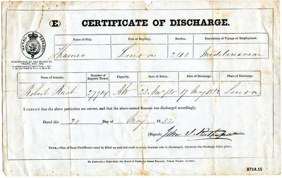 Certificate of Discharge with name of seaman, ship, date and other particulars filled in by hand with ink