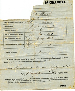 Certificate of Character with name of seaman, ship, date and other particulars filled in by hand with ink
