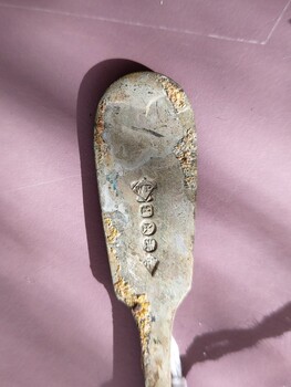 Five vertical hallmarks on back of spoon handle including a "WP", "B" and three more.