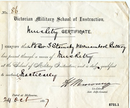 Rectangular paper certificate with mix of printed and handwritten text, dated 24th October 1887.