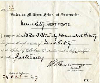 Rectangular paper certificate with mix of printed and handwritten text, dated 24th October 1887.