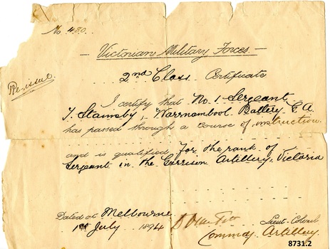Rectangular paper certificate with mix of printed and handwritten text, dated 1st July 1894