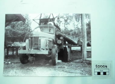 Photograph Bright Pine Mill, Log Truck unloading logs at Bright Pine Mill