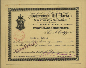 Certificate, Government of Victoria, Department of Education, Technical Schools Second Grade Certificate for Drawing Ornament from a Cast in Light and Shade, 1930, 1930 (estimated)