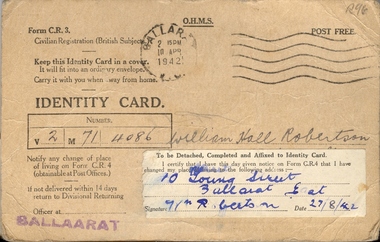 Document - Identity card, Untitled, William Hall Robertson's identity card, 1924-10/4/1942