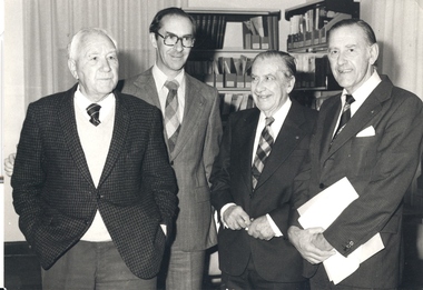 Photograph, Four men at the opening of the Ballarat School of Mines E.J. Tippett Library, 1978 (exact)